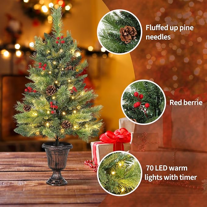 GarveeHome 3 Ft Artificial Mini Christmas Tree, Tabletop Christmas Tree with 70 LED Warm Lights, Mini Xmas Tree with Pine Cone & Red Berry for Tabletop, Home, Office, Holiday, Indoor and Outdoor Decor