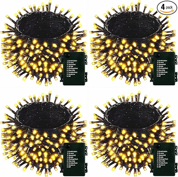 4 Pack 160FT 400 LED Battery Operated Christmas Lights Indoor/Outdoor with Timer & 8 Modes Green Wire Christmas Tree Lights Waterproof Fairy String Lights for Garden Christmas Decoration(Warm White)