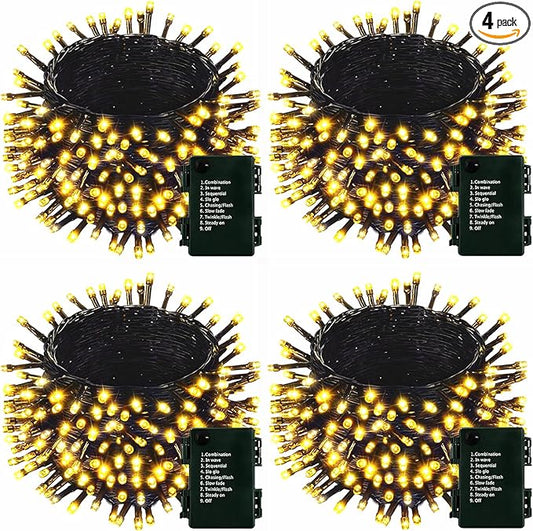 4 Pack 160FT 400 LED Battery Operated Christmas Lights Indoor/Outdoor with Timer & 8 Modes Green Wire Christmas Tree Lights Waterproof Fairy String Lights for Garden Christmas Decoration(Warm White)