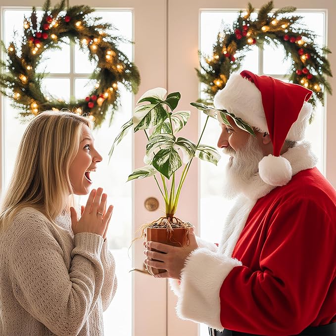 Tall Fake Monstera Plant, 8 Leaves Faux Tree in Red & White Ceramic Pot, Artificial Plants Indoor & Outdoor, Decorative Floor Plant for Living Room, House Decor