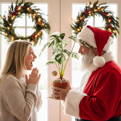 Tall Fake Monstera Plant, 8 Leaves Faux Tree in Red & White Ceramic Pot, Artificial Plants Indoor & Outdoor, Decorative Floor Plant for Living Room, House Decor