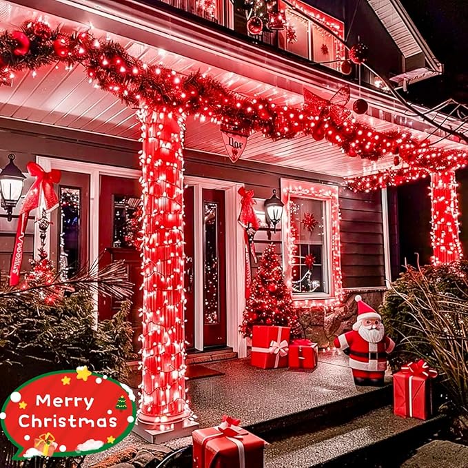 75.8 FT 200 LED Red and White Christmas Lights Outdoor Indoor, Timer & Memory Function & 8 Modes, Extendable Green Wire, Waterproof Fairy Twinkle Lights for Xmas Tree Holiday Party Garden Yard Decor