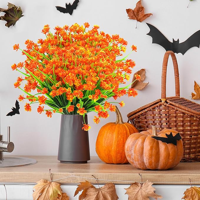 AGIRL 24 Bundles Artificial Fall Flowers Outdoor Indoor Decoration,Fake Plastic Flowers,Faux Mums Plant for Thanksgiving Fall Decor,for Hanging Outside Garden Front Door Porch Patio Window Box