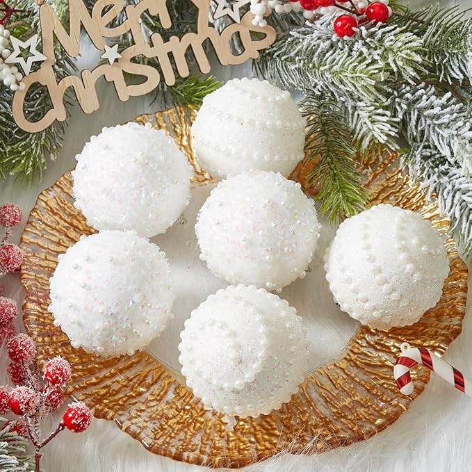 White Christmas Ball Ornaments,12ct Christmas Tree Shatterproof Plastic Hanging Sequin Xmas Balls for Festivals Holiday Party Decorations(70mm/2.76")