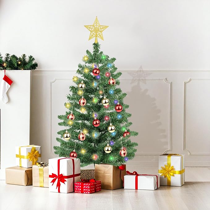 3 Feet Green Premium Christmas Tree 12 Modes Dual Color Change Timer DIY 50 Warm White & Multicolor Lights Star 15 Ball Ornaments Battery Operated Small Artificial Full Xmas Tree Table Home Indoor
