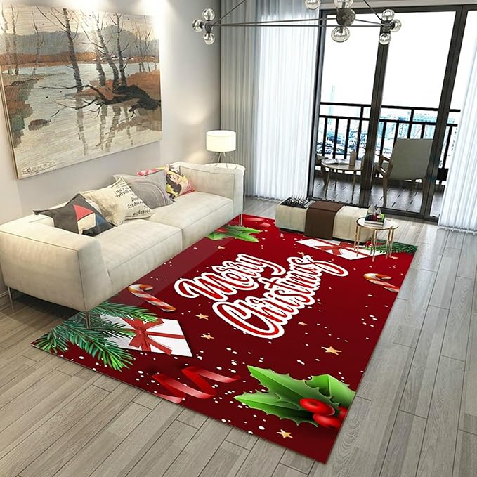 Merry Christmas Rug,Christmas Trees Decorative Gift Indoor Bedroom Xmas Winter Welcome Door Mat Anti-Slip Rubber Area Rug for Seasonal Holiday Decoration,63" X 31"