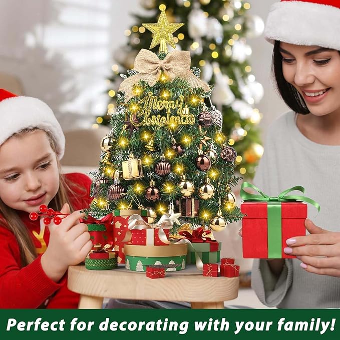 SVNVIOZ 2FT Small Tabletop Christmas Tree with Lights, Mini Artificial Christmas Tree with Bronze Gold Ornaments, Xmas Tabletop Christmas Tree for Holiday Home Decoration