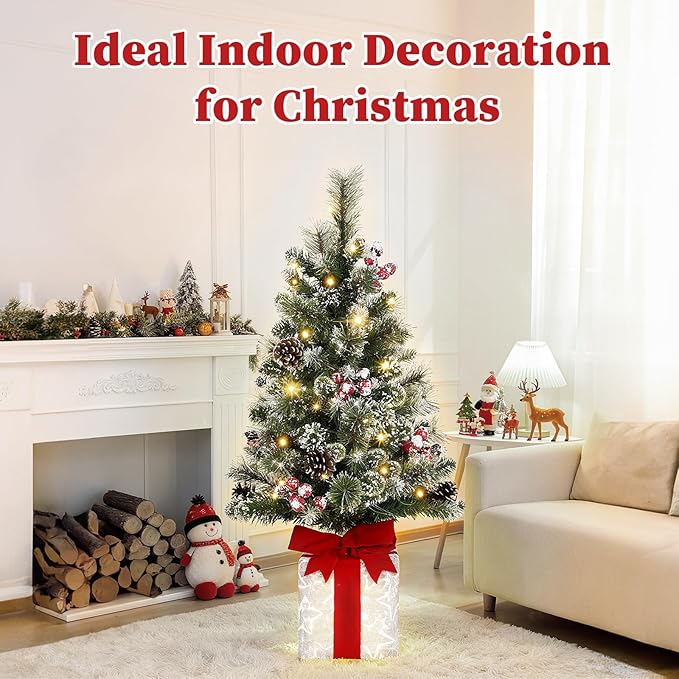 Brightever 3FT Small Christmas Tree, Pre-lit Artificial Mini Christmas Trees with 60 Warm White LED Lights and Unique Gift Box Base, Plug in Outdoor Flocked Xmas Trees for Porch, Tabletop, Green