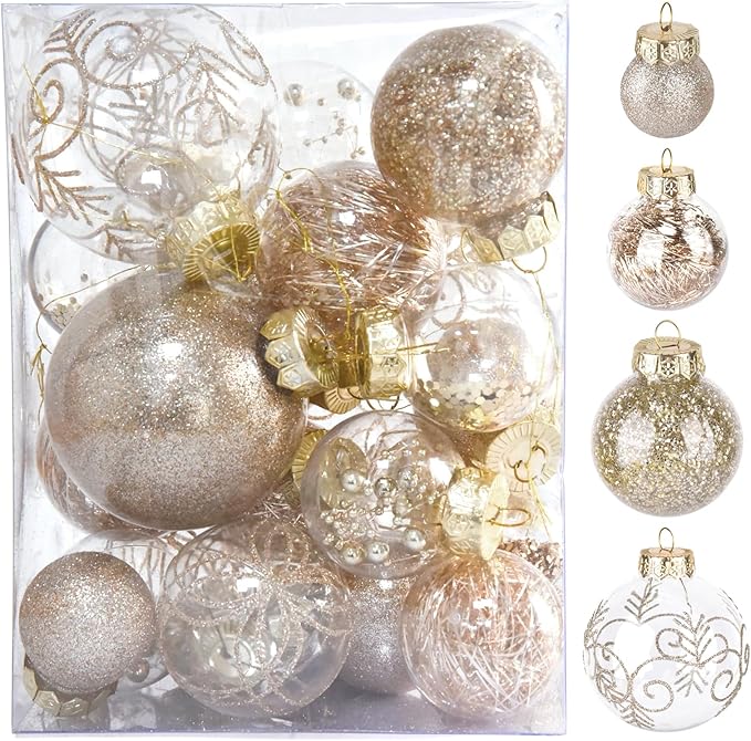 30Pcs Christmas Ball Ornaments Set - Shatterproof Plastic Christmas Tree Decorations 7 Style Christmas Decorative Hanging Ornaments Xmas Decorative Hanging Ball Ornaments for Holiday (Champagne)
