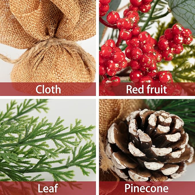 6 PCS Rustic Mini Christmas Tree Tabletop Set, Mixed Green Leaves, Red Berries and Pine Cones, 9 inch Artificial Trees with Burlap Bases, Ideal for Holiday Home Office Table Centerpiece