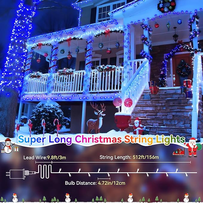 Heceltt Christmas Lights Outdoor, 522FT 1300 LED String Lights with 8 Lighting Modes, Timer Memory Twinkle Fairy Lights Waterproof Plug in for Xmas Tree Wedding Party Holiday Decor(Blue)