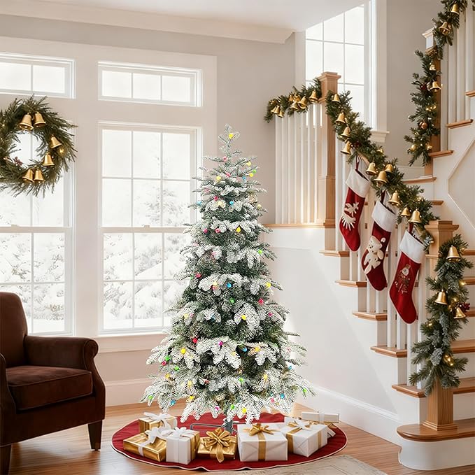 5ft Prelit Christmas Tree, Artificial Snow Flocked Christmas Tree with 140 Multicolor Lights, PE & PVC Mixed Layered Christmas Trees with Metal Stand, Xmas Tree for Holiday Decor