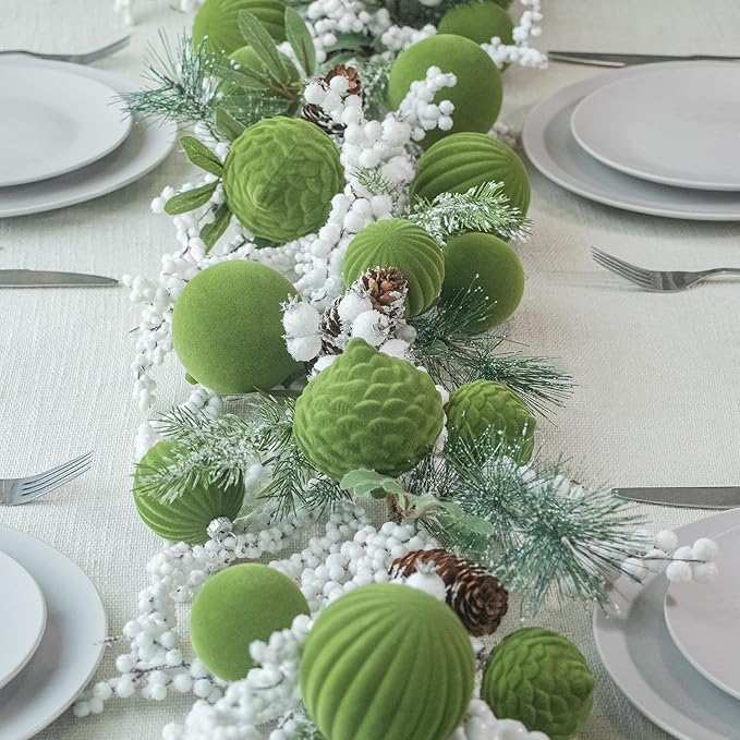 KI Store Moss Green Velvet Christmas Balls 25pcs Flocked Christmas Tree Ornaments for Xmas Holiday Hanging Decor