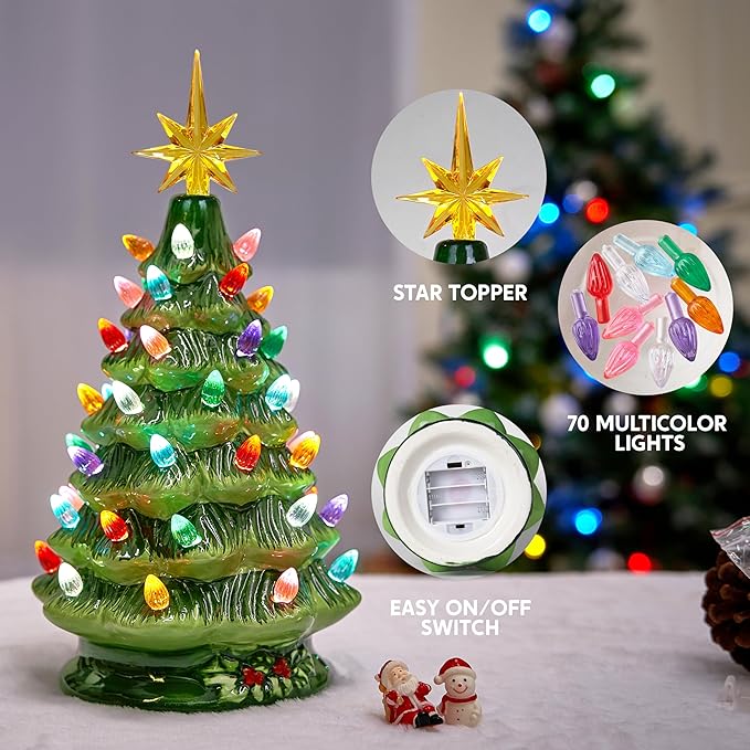 Joiedomi 12" Ceramic Christmas Tree, Table Top Christmas Tree with Flower Leaf, Vintage Pre-lit Xmas Decor with LED Lights, Battery Operated Hand-Painted Xmas Decorations Indoor Home