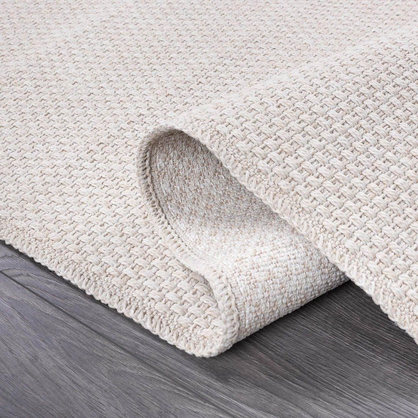 CAMILSON Indoor and Outdoor Runner Rug Off-White Solid Woven Design Easy-Cleaning Non Shedding Farmhouse Living Room Bedroom Garden Patio and Kitchen Washable Outside Carpet Alfombras (2x7)