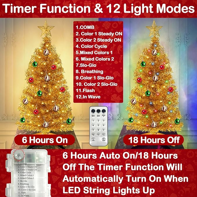 3 Ft Gold Christmas Tree with 12 Modes Timer 50 LED Four Color & Warm Lights DIY 15 Ball Ornaments 3D Star Artificial Xmas Tree Indoor Home Holiday Party Decoration