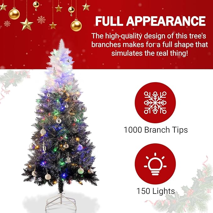 6ft Prelit Black Gradient Artificial Christmas Tree with 150 Multi-Color LED, 4 Color 8 Mode, Flocked Hinged Xmas Tree with 1000 Realistic Branch, Easy Assembly for Home Holiday Decoration