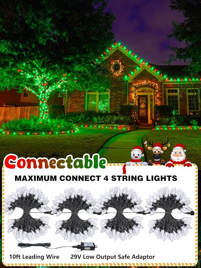 2-Pack Connectable C9 Christmas Lights Outdoor Indoor, 66 FT 100 LED Christmas String Lights Plug in with 8 Modes & Timer, Waterproof Fairy Twinkle Light for Xmas Tree Yard Decorations (Red and Green)
