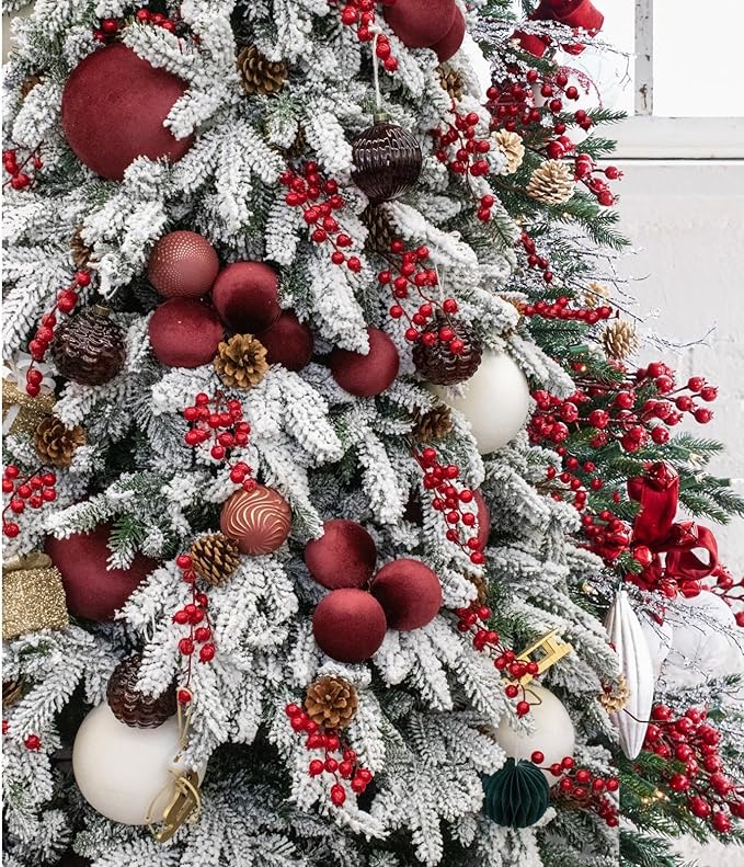 4PCS Red Velvet Christmas Ornaments Set – 6 Inch Large Flocked Shatterproof Baubles for Xmas Tree Decoration, Hanging Ornaments for Holiday & Home Décor (Burgundy Red, 6 Inch / 15 cm)