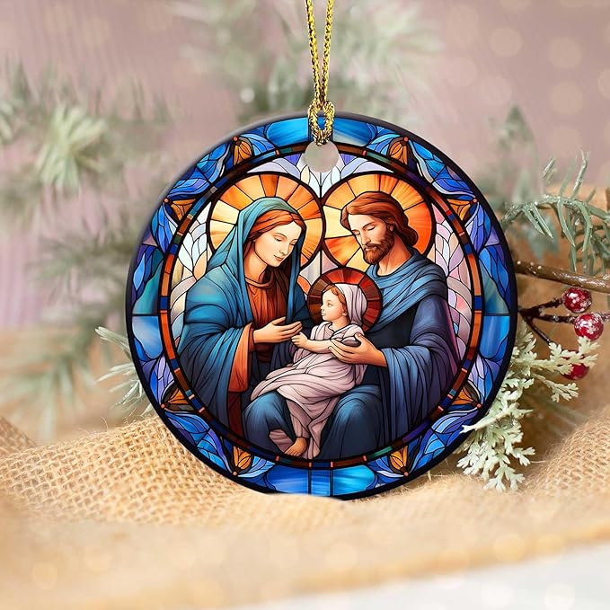 Nativity Scene Ornaments Nativity Night Round Ceramic Stained Glass Style Birth of Jesus Christ Hanging Ornament Christmas Keepsake Decor for Xmas Tree Winter Holiday Xmas Gift for Women Men 3"