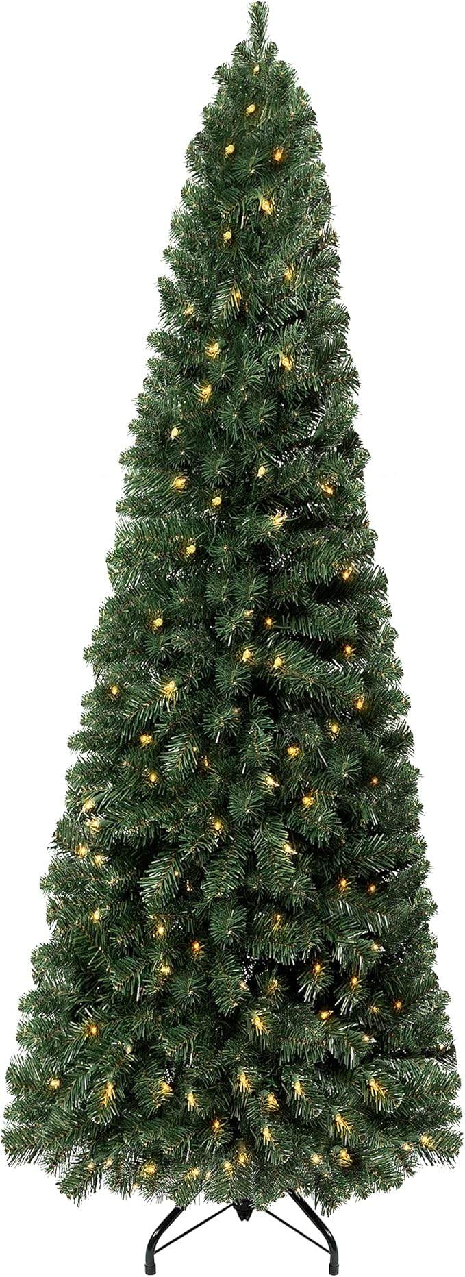 Vienna 7.5ft Prelit Slim Artificial Christmas Tree with 1102 Branch Tips, 350 Warm Lights and Metal Stand, 34" Wide Realistic Skinny Pencil Christmas Tree with Lights by Naomi Home