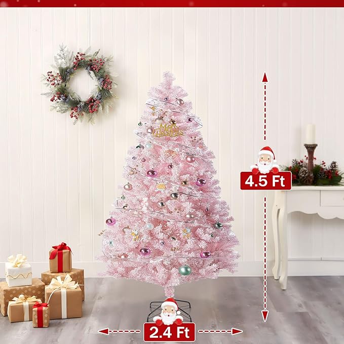 4.5FT Pink Artificial Christmas Tree with 400 Realistic Branch, Flocked Full Xmas Tree with Foldable Stand, Easy Assembly Hinged Pine Tree for Home, Shop, Office, Party Holiday Decoration