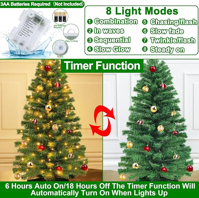 TURNMEON Remote Control 8 Modes 3 Ft Christmas Tree with Lights Timer 15 DIY Ball Ornament 50 Warm Light Battery Operated Artificial Pencil Small Tinsel Xmas Tree Holiday Decorations Home Indoor Table
