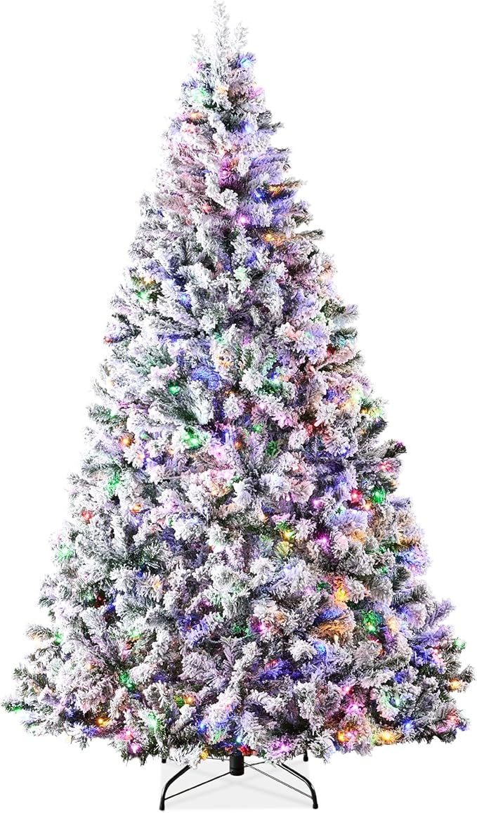 Best Choice Products Pre-Lit Artificial Christmas Tree 7.5ft Snow Flocked Pine Tree, 2-in-1 White and Multicolor LED Lights, Full Snowy Appearance