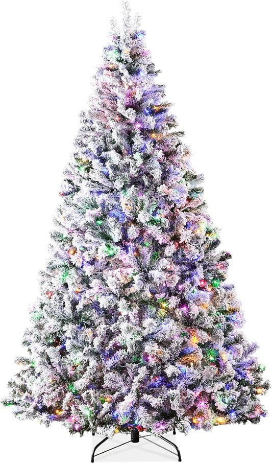 Best Choice Products Pre-Lit Artificial Christmas Tree 4.5ft Snow Flocked Pine Tree, 2-in-1 White and Multicolor LED Lights, Full Snowy Appearance