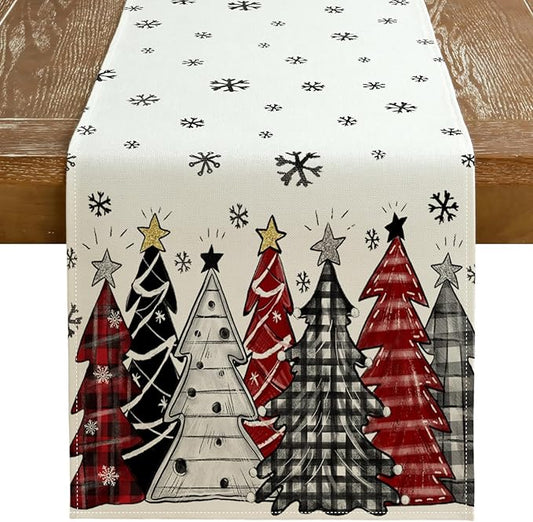 GEEORY Christmas Table Runner 13x90 Inch, Xmas Tees Snowflakes Holiday Decorative Farmhouse Table Decoration for Kitchen Dinning, Indoor Outdoor Dinner Party Decor ((Red & Black) GT165-90