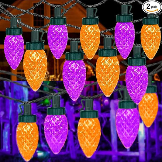 KAQ 2PK 100LED Orange and Purple C9 Halloween Lights Waterproof Indoor Outdoor, Extendable 98FT String Lights Plug in with 13 Lighting Modes, Halloween Decorations for Party Patio, Outside Yard Decor