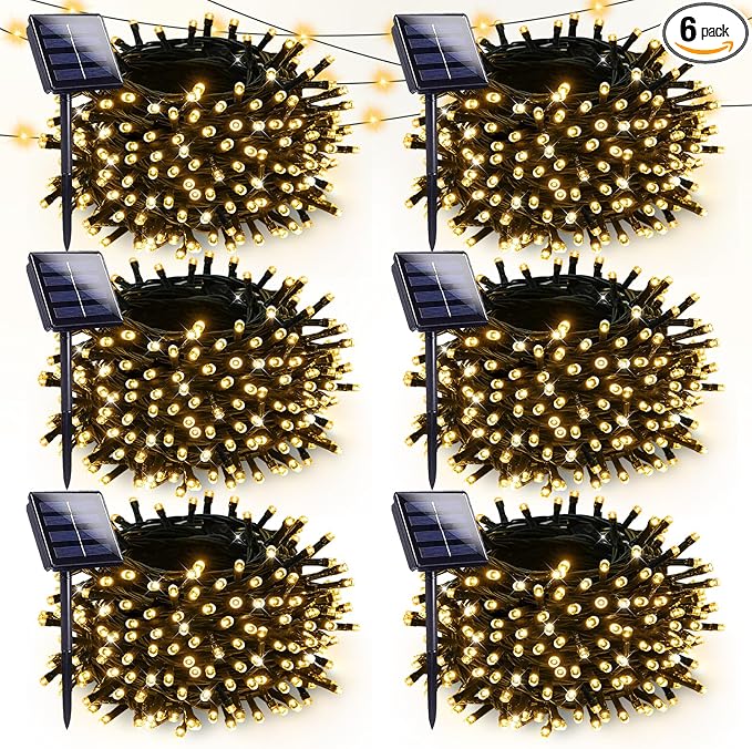 6 Pack Solar Christmas Lights Outdoor Waterproof, 600 LED 198 FT Solar Powered String Lights Outdoor with Green Wire 8 Lighting Modes, Mini LED Xmas Tree Light for Fence Party Decorations, Warm White