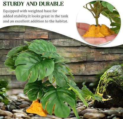 Reptile Plants for Terrarium, Ball Python Tank Accessories, Amphibian Habitat Decor Plant Bearded Dragon Tank Decorations for Gecko Lizard Chameleon Tortoise with Base - Fake Monstera