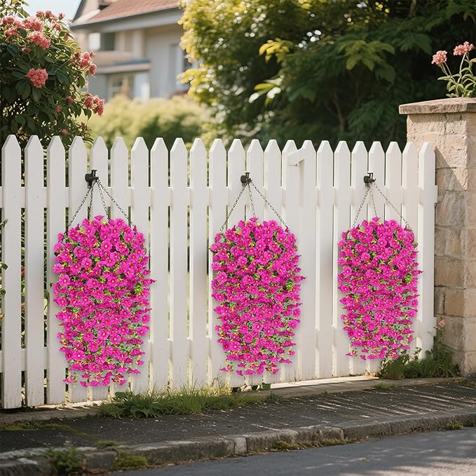Rich and Eye-catching 5 PCS Artificial Hanging Flowers，Silk Morning Glory Faux Flowers with Eucalyptus Leaves,uv Resistant Fake Hanging Petunias Plants for Yard Decoration(Fuchsia)