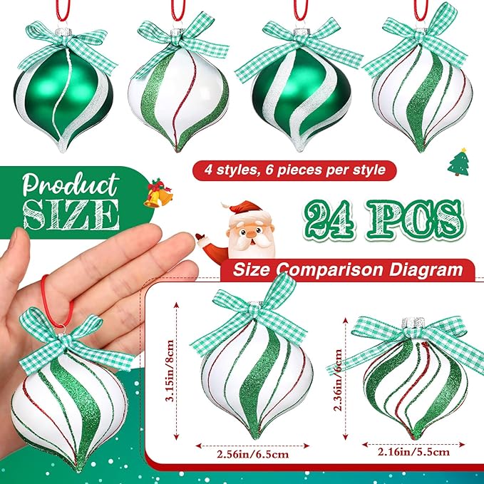 Syhood 24 Pcs Christmas Tree Ornaments, Christmas Ball Decorations Set, Shatterproof Baubles Xmas Tree Hanging Decor, Peppermint Candy Ball Red White Green Stripes Party Holiday(Cute,2.56 Inches)