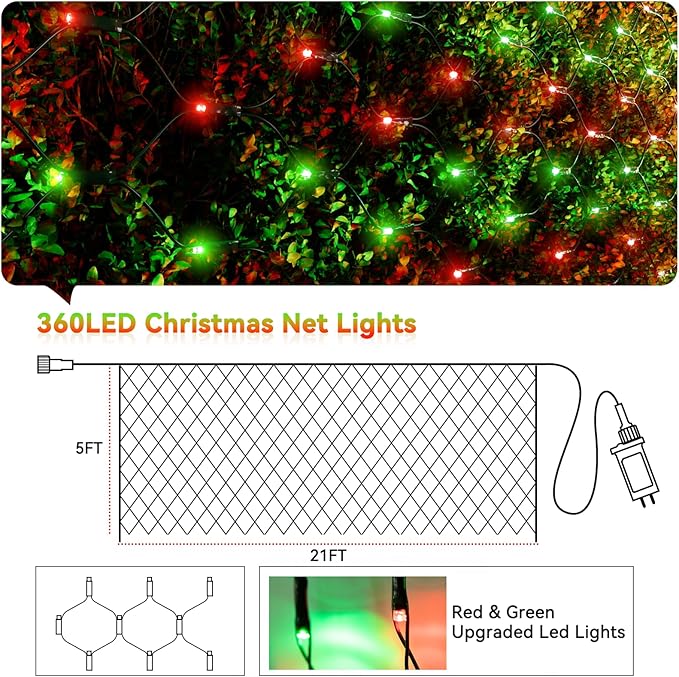 LitHome 21FT x 5FT Christmas Net Lights Outdoor, 360 LED Red Green Bush Lights with 8 Modes, Connectable Waterproof Net Mesh Light Dark Green Wire for Bushes Shrubs Outdoor Christmas Holiday Decor