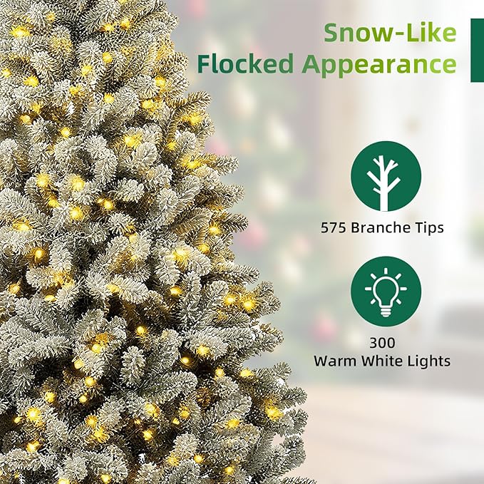 6FT Pre-Lit Snow Flocked Christmas Tree with 300 Warm White LED Lights, 575 PVC Branch Tips, Fake Xmas Snowy Trees,Pre-Hinged & Foldable Base for for Indoor, Office, Party, Holiday Décor
