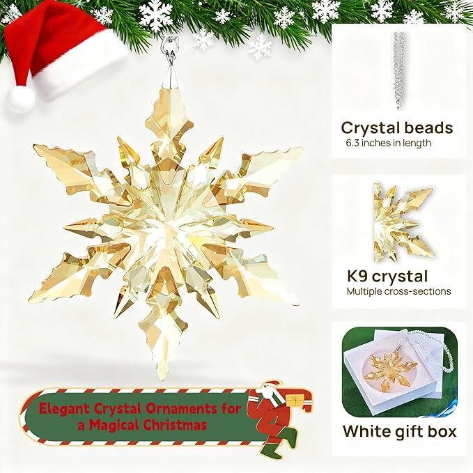 Luxury Gold Crystal Christmas Snowflake Ornaments Christmas Tree Hanging Decorations Gifts for Women Girls Family Friends (Gold)