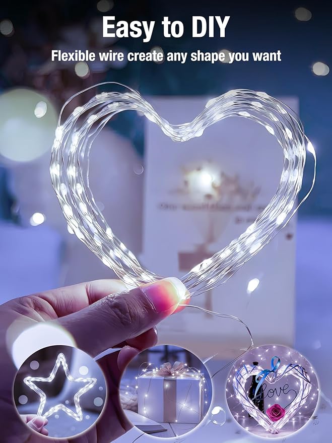 btfarm Fairy Lights Battery Operated with Timer 8 Modes, 16.4 FT 50 LED Silver Wire Twinkle String Lights Battery Powered Dimmable Waterproof for Indoor Home Party Wedding Christmas Decor, Cool White