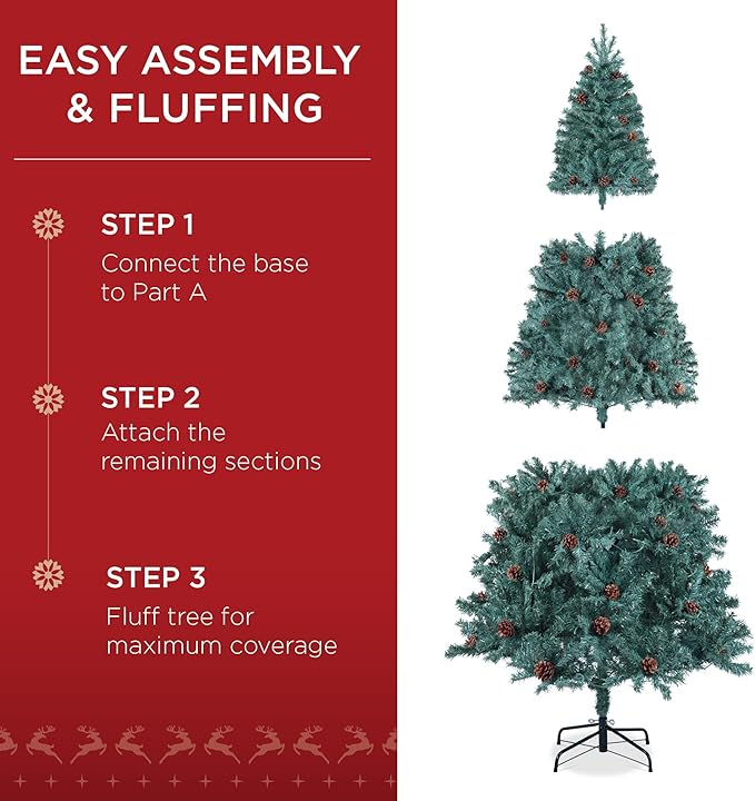 Best Choice Products 9ft Pre-Decorated Holiday Christmas Tree for Home, Office, Party Decoration w/2,028 Tips, Pinecones, Metal Base – Blue Spruce