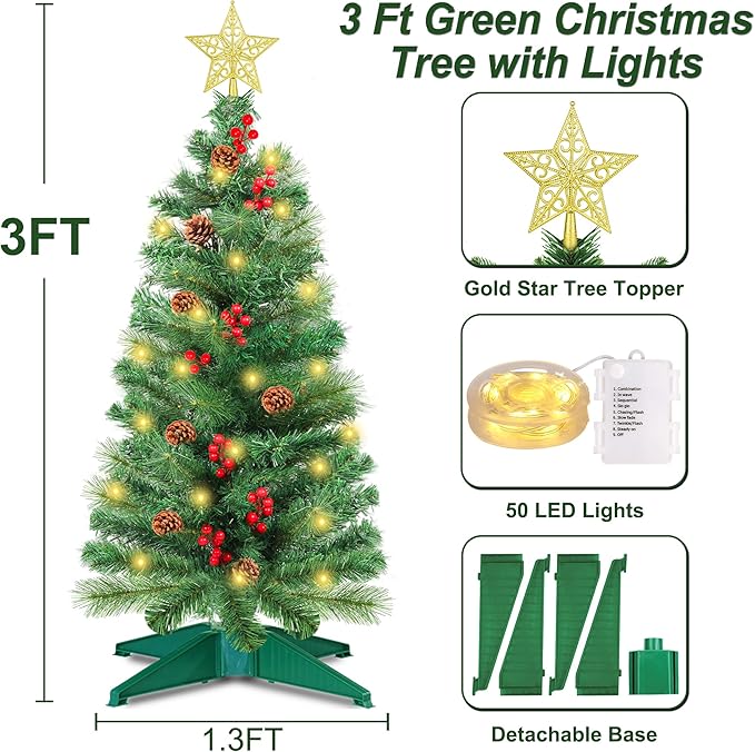 3 Ft Artificial Christmas Tree with Pine Needle Acorn Red Berries 8 Modes Timer 50 Warm White Lights Battery Operated Small Xmas Full Tree for Home Indoor Office Tabletop Holiday Decorations