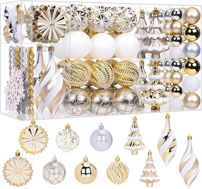 108 Pcs Christmas Ball Ornaments Set, Champagne Gold and White Shatterproof Hand-Painted Hanging Bulbs Decoration for Xmas Tree, Wreath, Garland, Home Holiday Decor