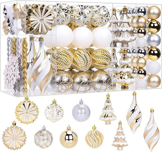 108 Pcs Christmas Ball Ornaments Set, Champagne Gold and White Shatterproof Hand-Painted Hanging Bulbs Decoration for Xmas Tree, Wreath, Garland, Home Holiday Decor