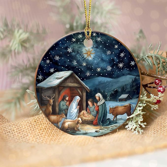 Nativity Night Ornaments Round Ceramic Silent Night Birth of Jesus Christ Ornament Christmas Keepsake Decor for Christmas Tree Winter Holiday Xmas Gift for Women Men Xmas Hanging Ornament 3"