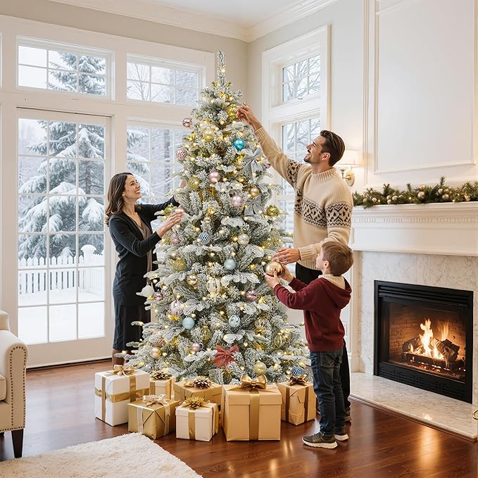 GOOBED 7.5 ft Prelit Snow Flocked Christmas Tree, Layered Spruce Christmas Tree w/ 1010 Thickened Branch Tips, 450 Lights and Remote for Home, Office, Restaurant & Commercial Events, White Flocked