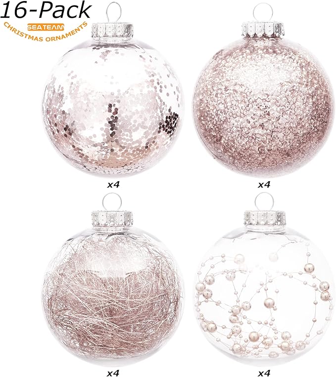 Sea Team Shatterproof Clear Plastic Christmas Ball Ornaments Decorative Xmas Balls Baubles Set with Stuffed Delicate Decorations (100mm/3.94 inch 16-Pack, Rose Gold)