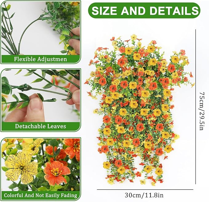 Artificial Flowers for Outdoors 6PCS，All Weather Fade Proof, UV Resistant Waterproof Realistic Faux Silk Mums Daisies Yellow & Orange for Hanging Planters Porch Patio Balcony Deck Fence Garden Decor