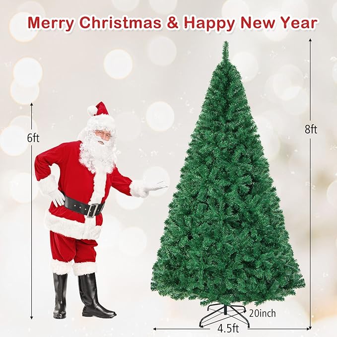 HAPPYGRILL 8FT Artificial Christmas Tree, Luxuriant Verdant Realistic Xmas Tree with 1138 PVC Branch Tips & Folding Metal Stand, Unlit Pine Tree for Festival Parties Decoration