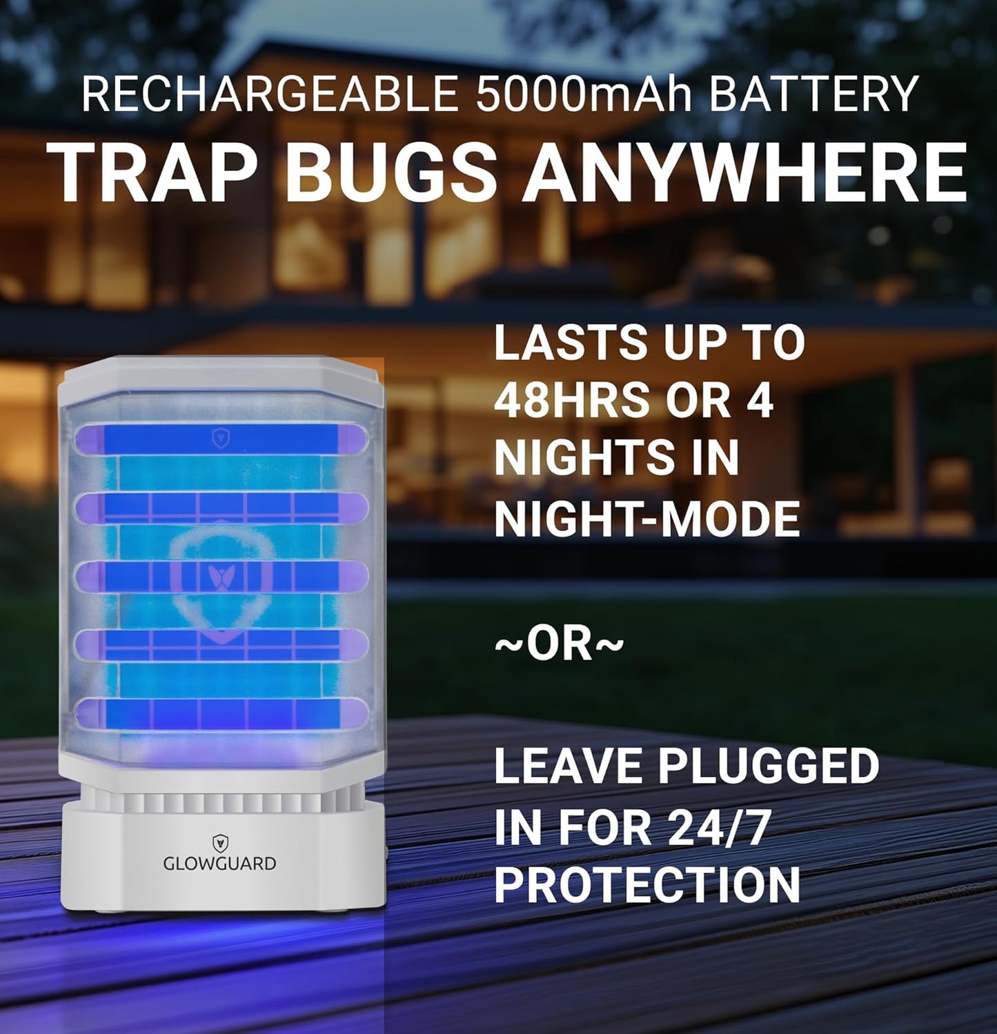 GlowGuard Cordless Flying Insect Trap Catches Fruit Flies, Indoor Gnat Killer, Magnet for Moths & Mosquitos in Dark, 1 Rechargeable Bug Trap + 4 Dual-Sided Sticky Pad Refills, 30hr Battery (White)