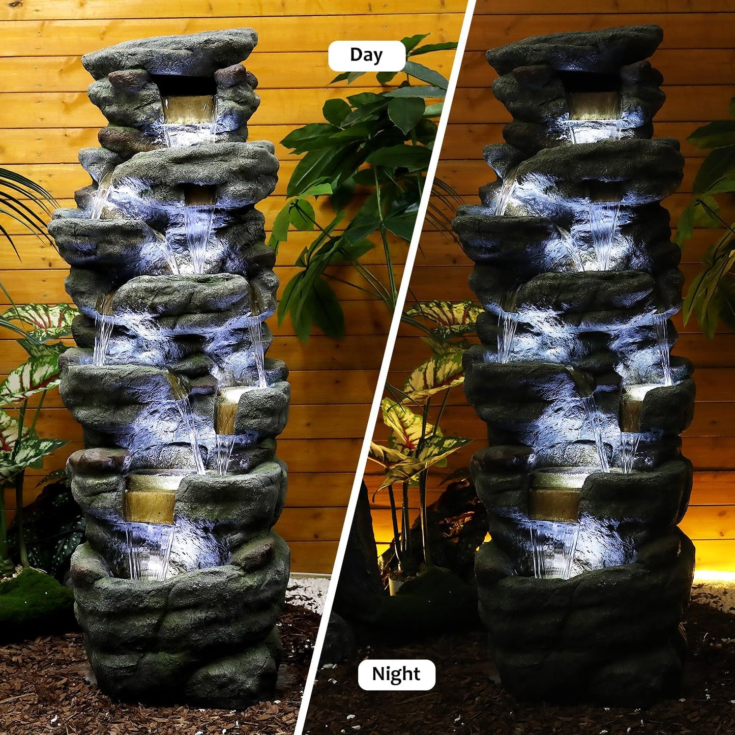 SunJet 51" High Multi-Tiers Cascading Rock Outdoor Water Fountain with LED Lights - Large Outdoor Resin Fountains and Waterfalls for Garden or Patio, Yard, Deck Decor, Featuring Natural Stone Look